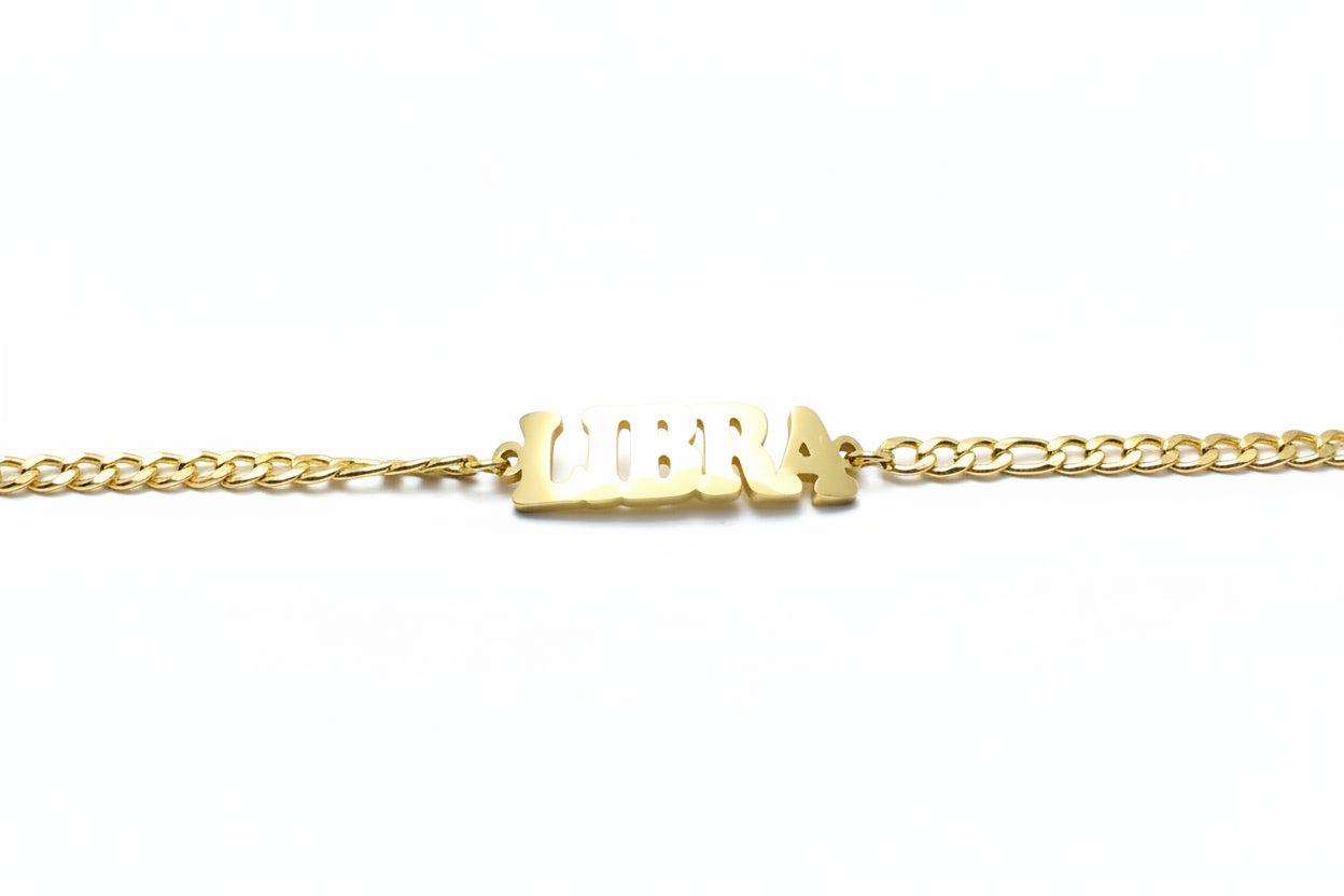 A series of stainless steel curb chains with gold plating, featuring various zodiac signs.