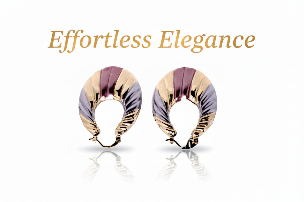 Pair of gold and purple hoop earrings on a white background