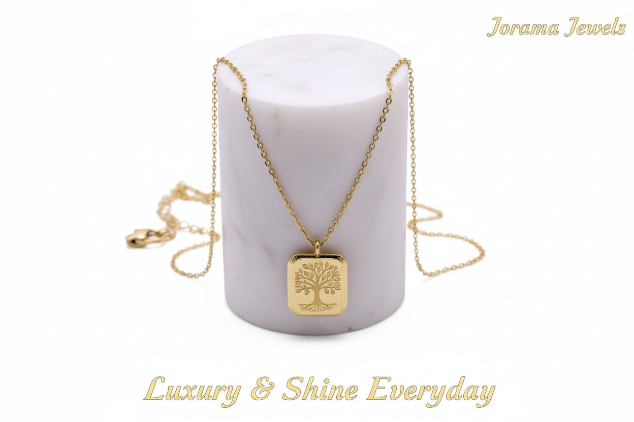 A gold-colored square flower pendant necklace displayed against a white background.