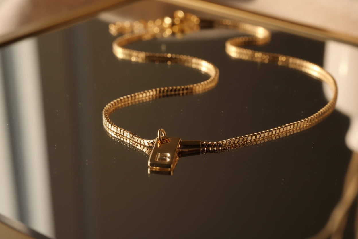 A gold-colored pendant necklace with a chain and a custom name letter pendant.