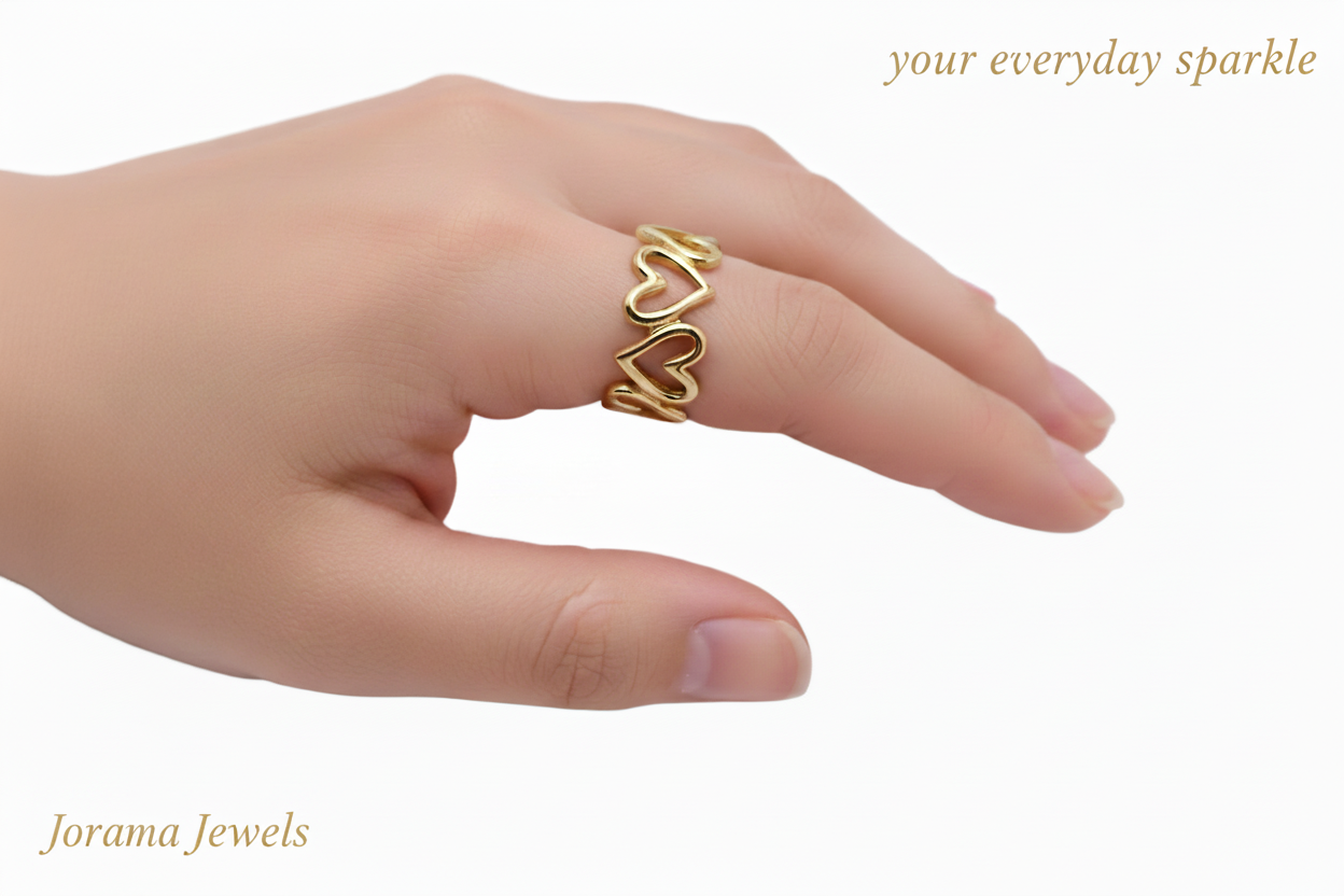 Hand wearing a gold heart-shaped ring on a light background