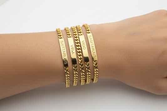 Gold bracelets with zodiac signs on a white background